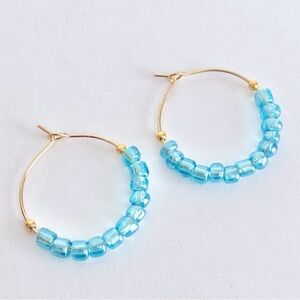 New Hand Beaded Hoop Earrings Artisan Unique Gifts Iridescent Pastel Blue Aqua